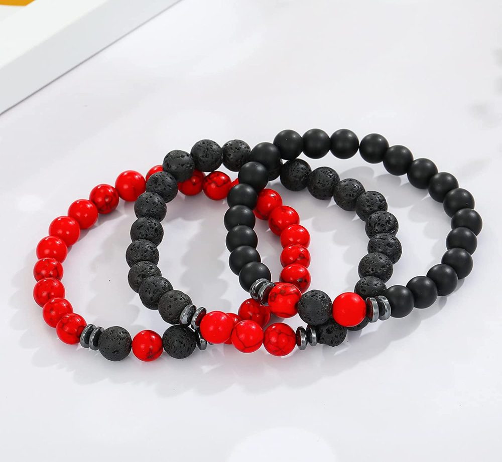 3PCS Set Mens Beaded Bracelets Matte Lava Rock Volcanic Stone Beads for Women Stretch Bracelet