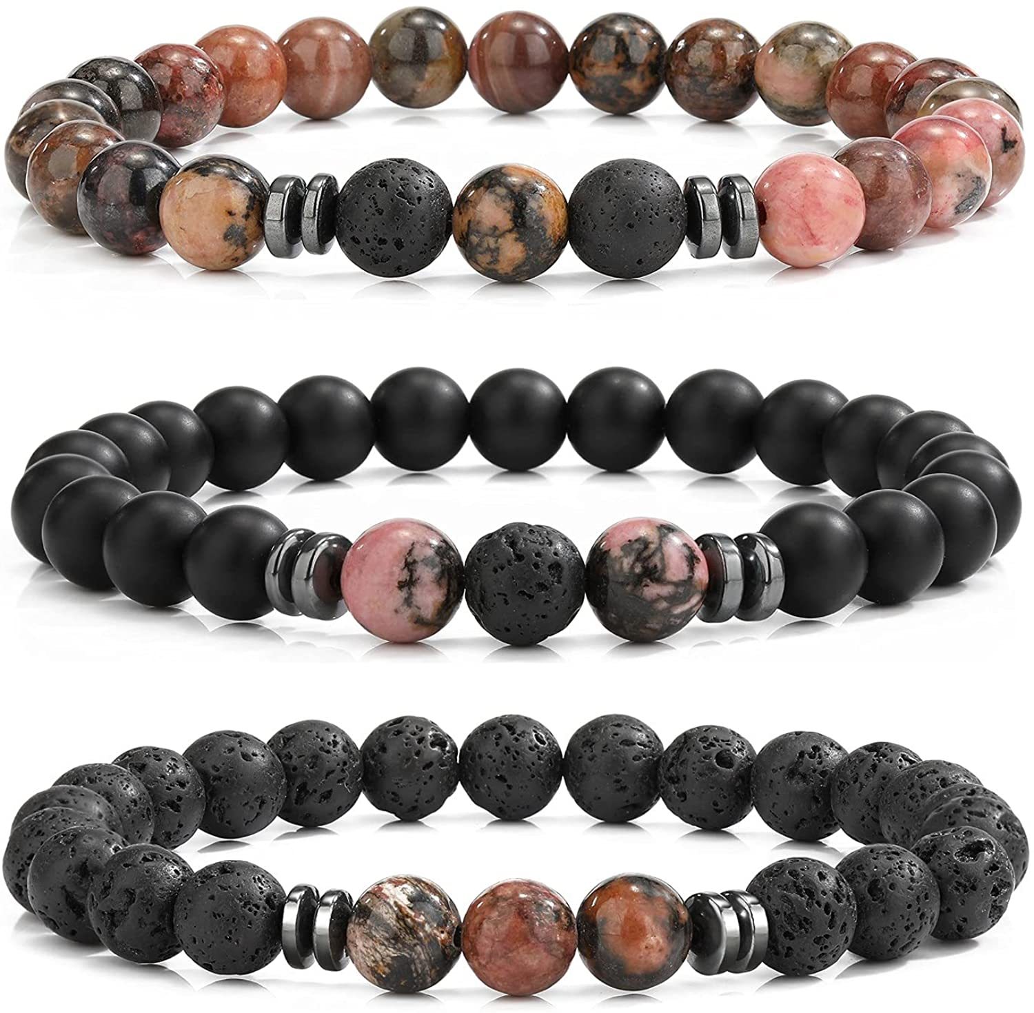 3PCS Set Mens Beaded Bracelets Matte Lava Rock Volcanic Stone Beads for Women Stretch Bracelet