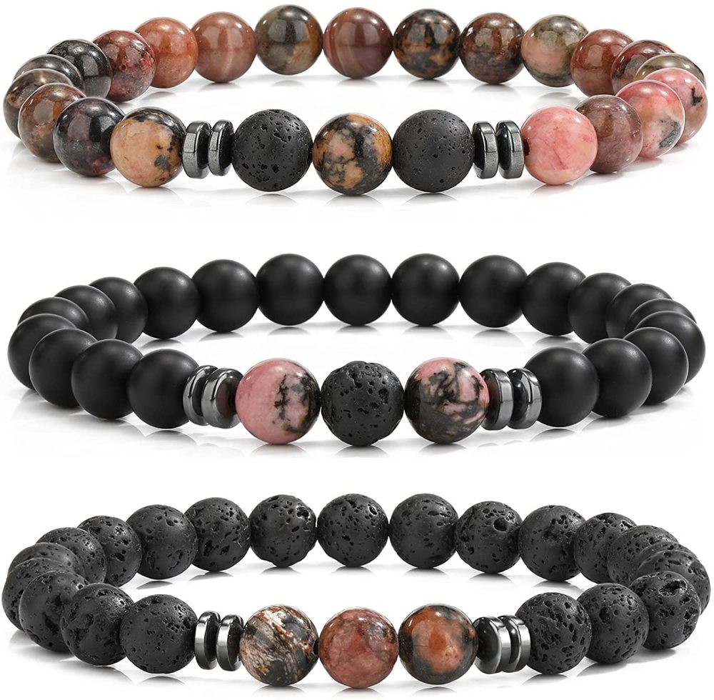 3PCS Set Mens Beaded Bracelets Matte Lava Rock Volcanic Stone Beads for Women Stretch Bracelet