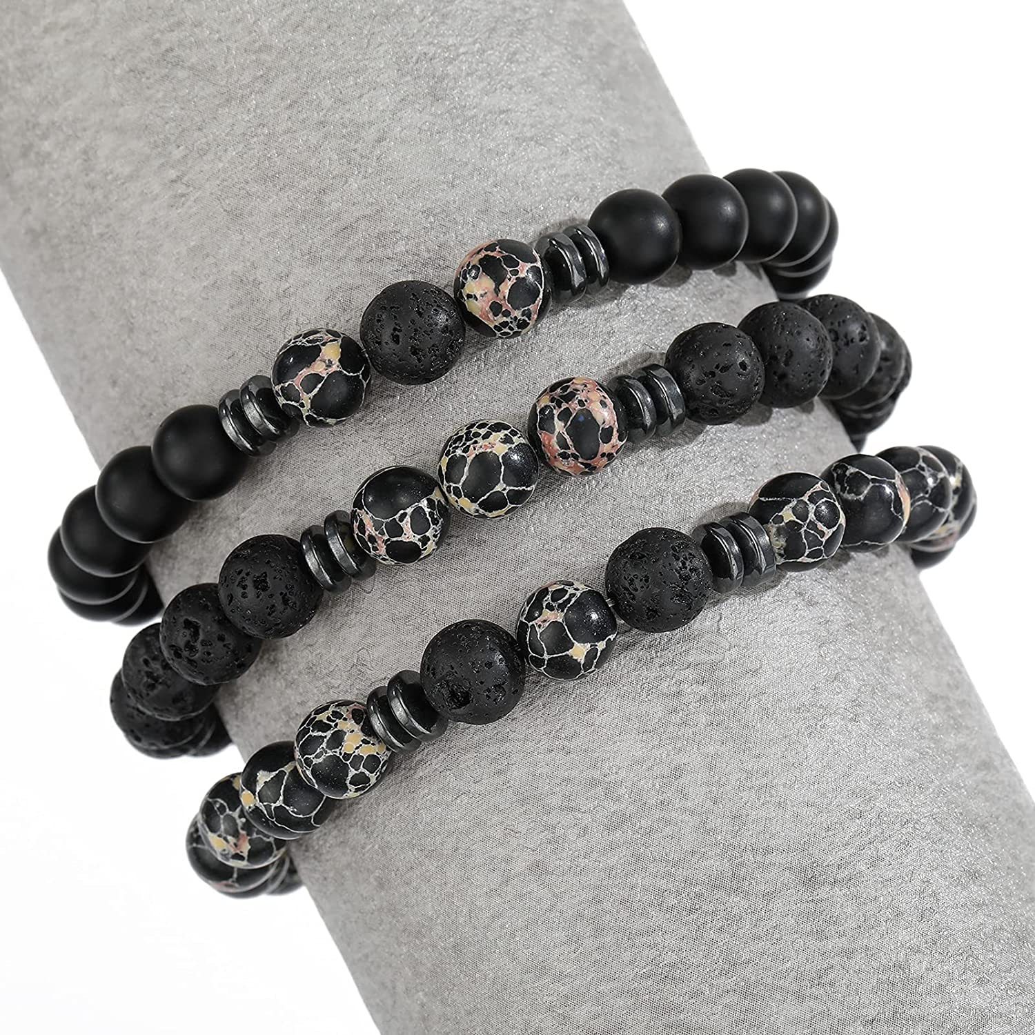 3PCS Set Mens Beaded Bracelets Matte Lava Rock Volcanic Stone Beads for Women Stretch Bracelet