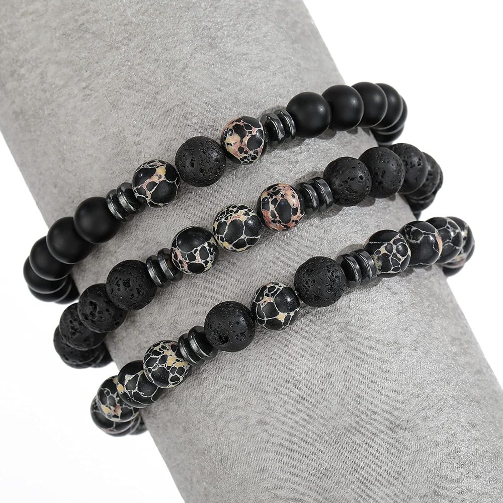 3PCS Set Mens Beaded Bracelets Matte Lava Rock Volcanic Stone Beads for Women Stretch Bracelet