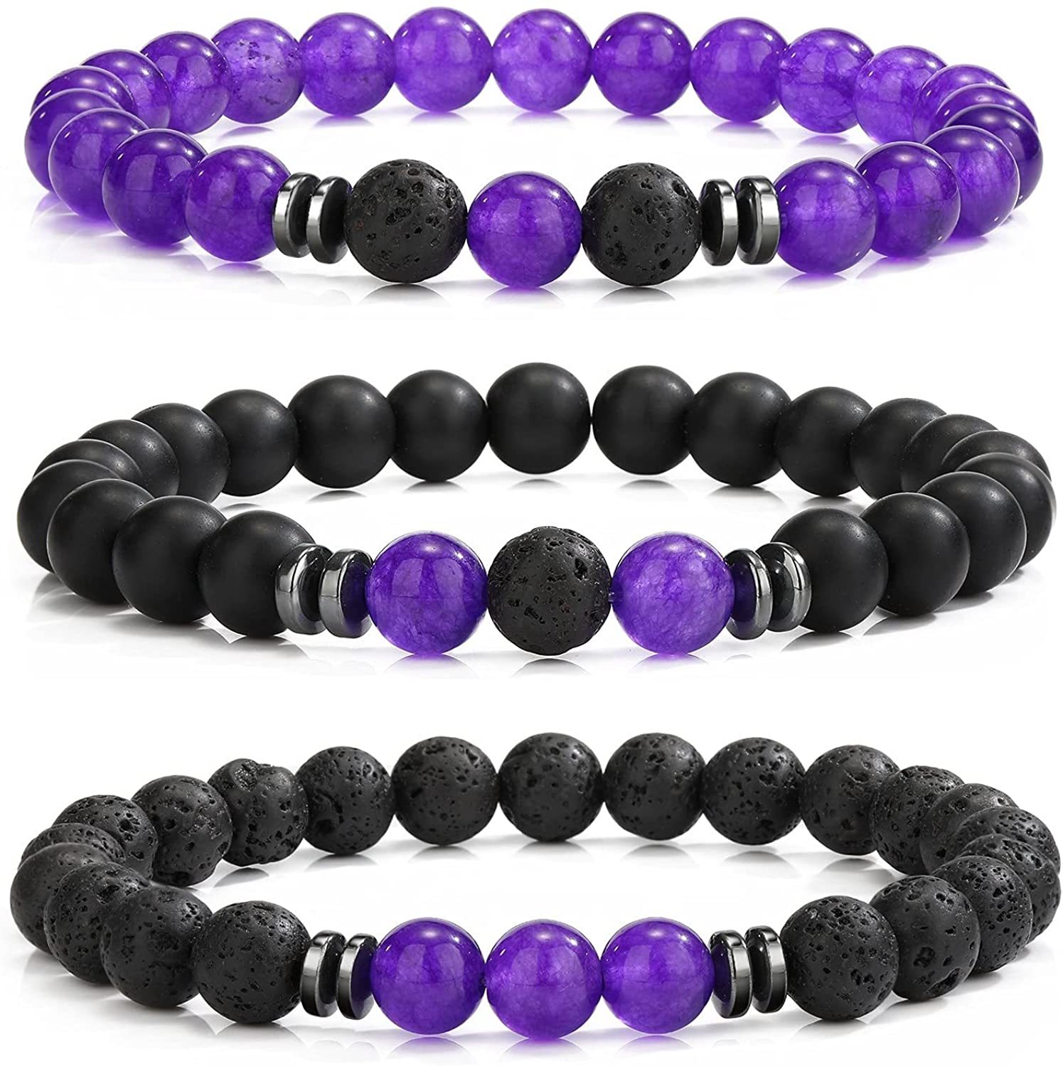 3PCS Set Mens Beaded Bracelets Matte Lava Rock Volcanic Stone Beads for Women Stretch Bracelet