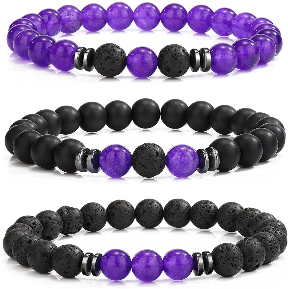 3PCS Set Mens Beaded Bracelets Matte Lava Rock Volcanic Stone Beads for Women Stretch Bracelet