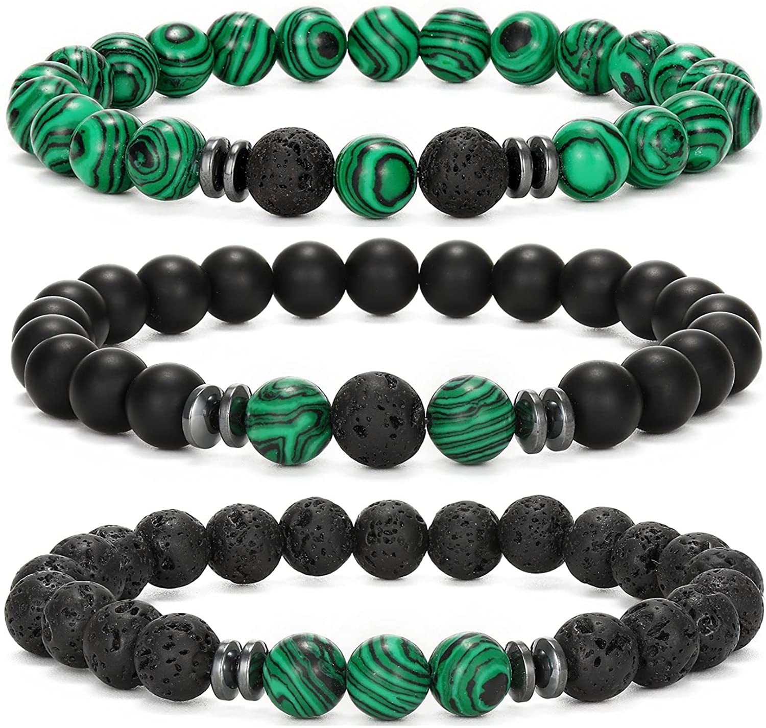 3PCS Set Mens Beaded Bracelets Matte Lava Rock Volcanic Stone Beads for Women Stretch Bracelet