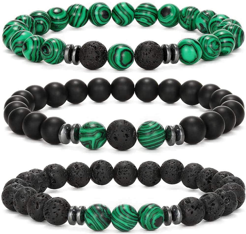 3PCS Set Mens Beaded Bracelets Matte Lava Rock Volcanic Stone Beads for Women Stretch Bracelet
