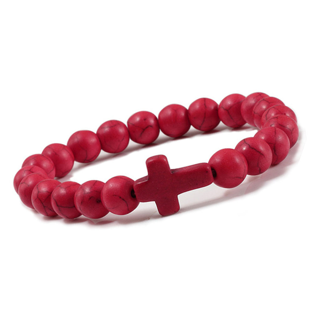 Turquoise Cross Bracelets for Women Men 8mm Natural Stone Stretch Elastic Chakra Jewelry