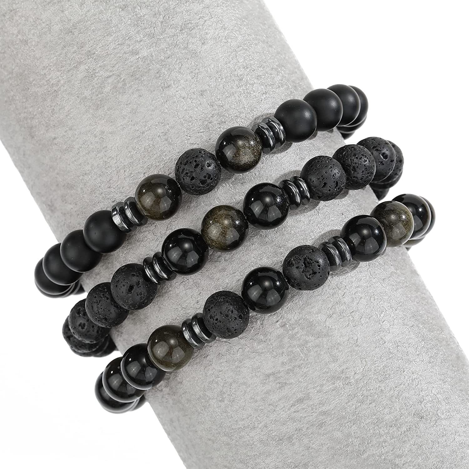 3PCS Set Mens Beaded Bracelets Matte Lava Rock Volcanic Stone Beads for Women Stretch Bracelet