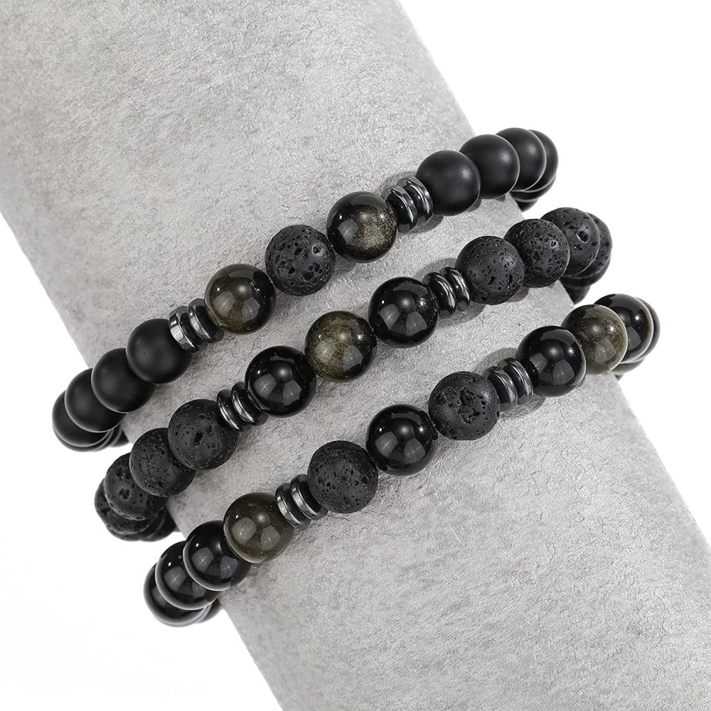 3PCS Set Mens Beaded Bracelets Matte Lava Rock Volcanic Stone Beads for Women Stretch Bracelet