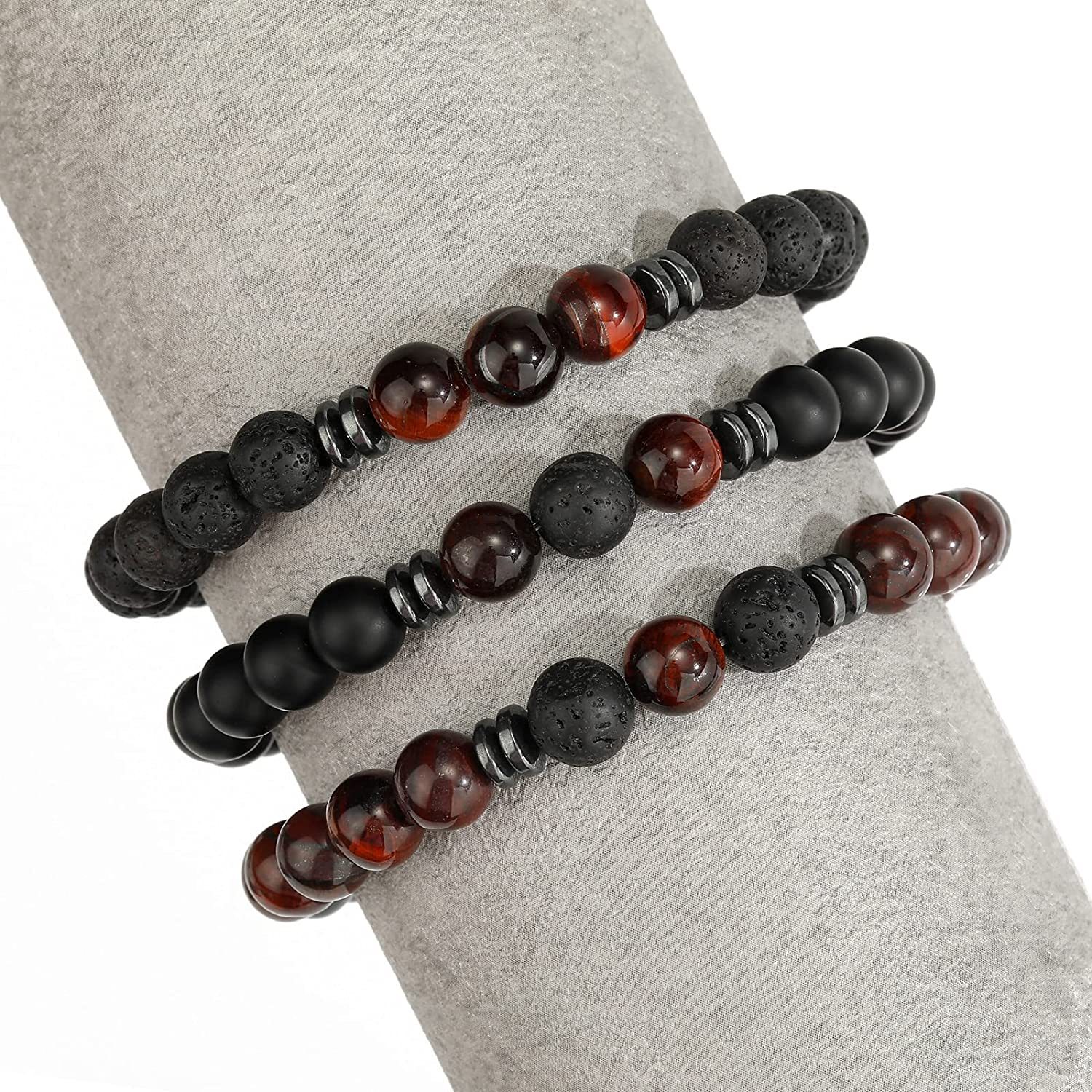 3PCS Set Mens Beaded Bracelets Matte Lava Rock Volcanic Stone Beads for Women Stretch Bracelet