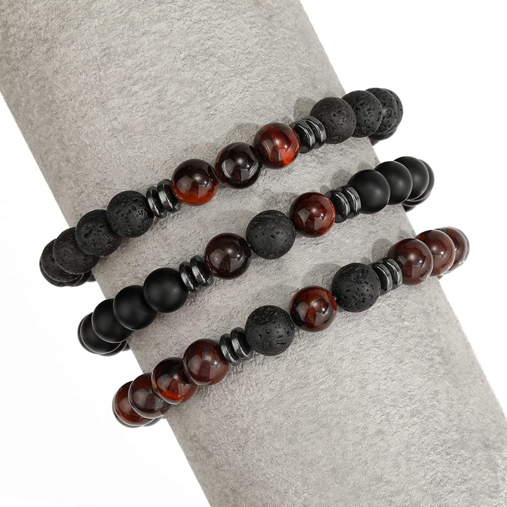 3PCS Set Mens Beaded Bracelets Matte Lava Rock Volcanic Stone Beads for Women Stretch Bracelet