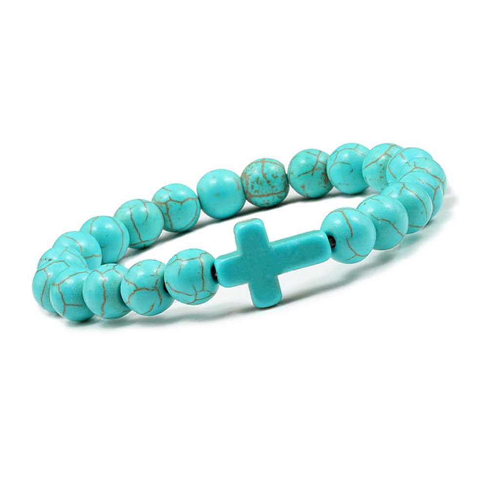 Turquoise Cross Bracelets for Women Men 8mm Natural Stone Stretch Elastic Chakra Jewelry