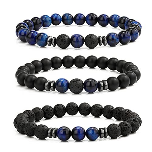 3PCS Set Mens Beaded Bracelets Matte Lava Rock Volcanic Stone Beads for Women Stretch Bracelet