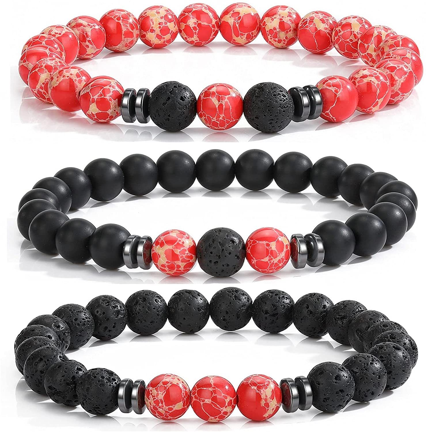 3PCS Set Mens Beaded Bracelets Matte Lava Rock Volcanic Stone Beads for Women Stretch Bracelet