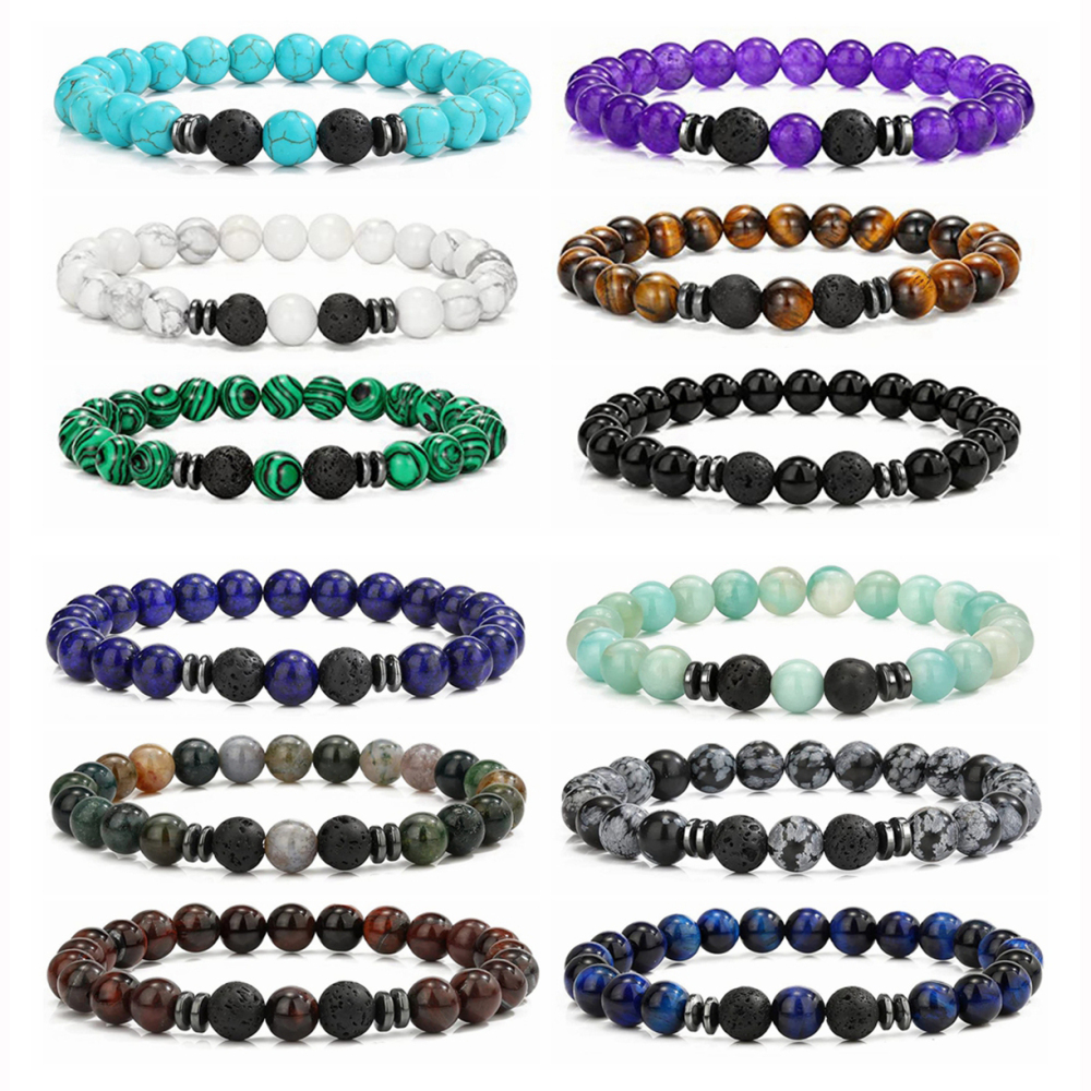Natural 8MM Gemstone Beads Stretch Bracelet Essential Oil Diffuser Rock Lava Stone Beaded Bracelet for Men Women Jewelry