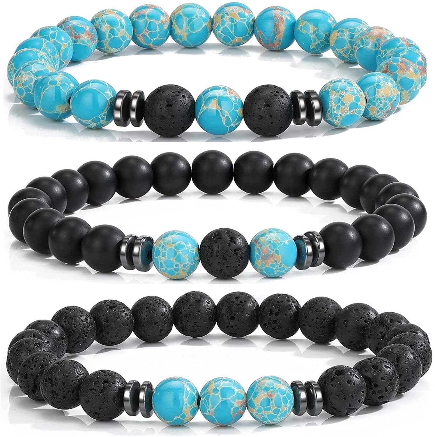 3PCS Set Mens Beaded Bracelets Matte Lava Rock Volcanic Stone Beads for Women Stretch Bracelet