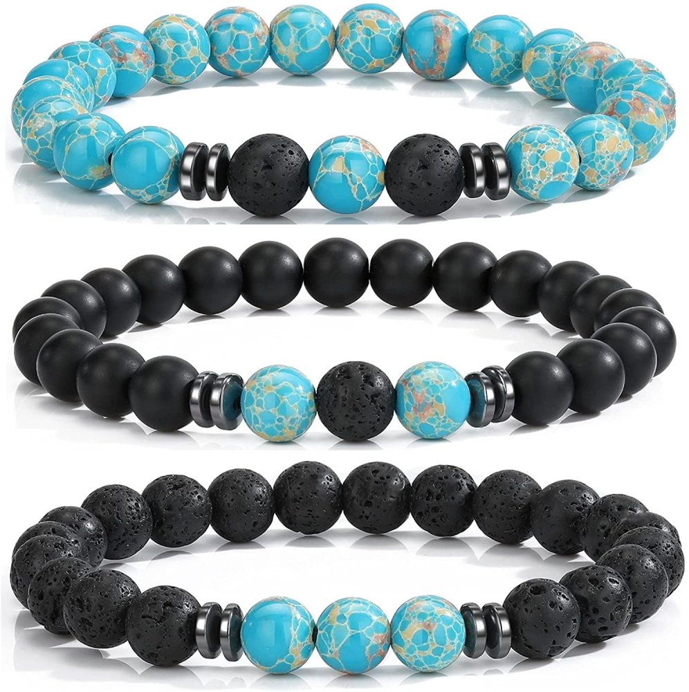 3PCS Set Mens Beaded Bracelets Matte Lava Rock Volcanic Stone Beads for Women Stretch Bracelet