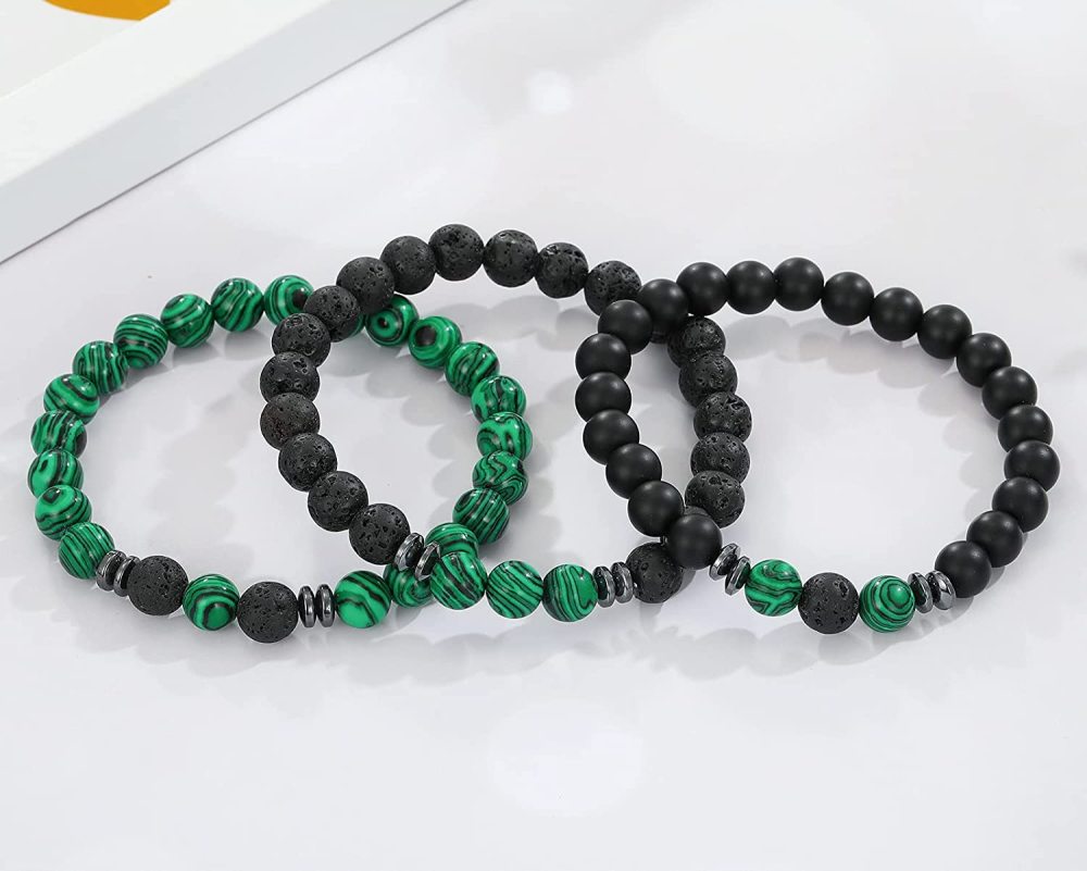3PCS Set Mens Beaded Bracelets Matte Lava Rock Volcanic Stone Beads for Women Stretch Bracelet
