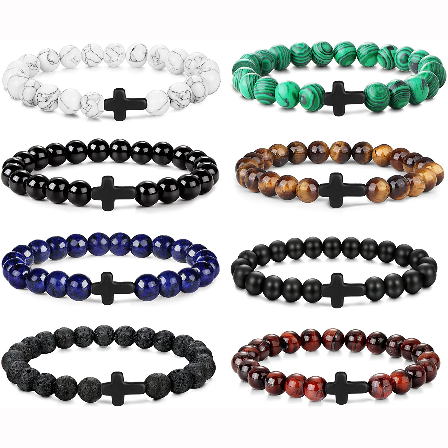Cross Bracelets for Women Men 8mm Natural Stone Stretch Elastic Chakra Jewelry