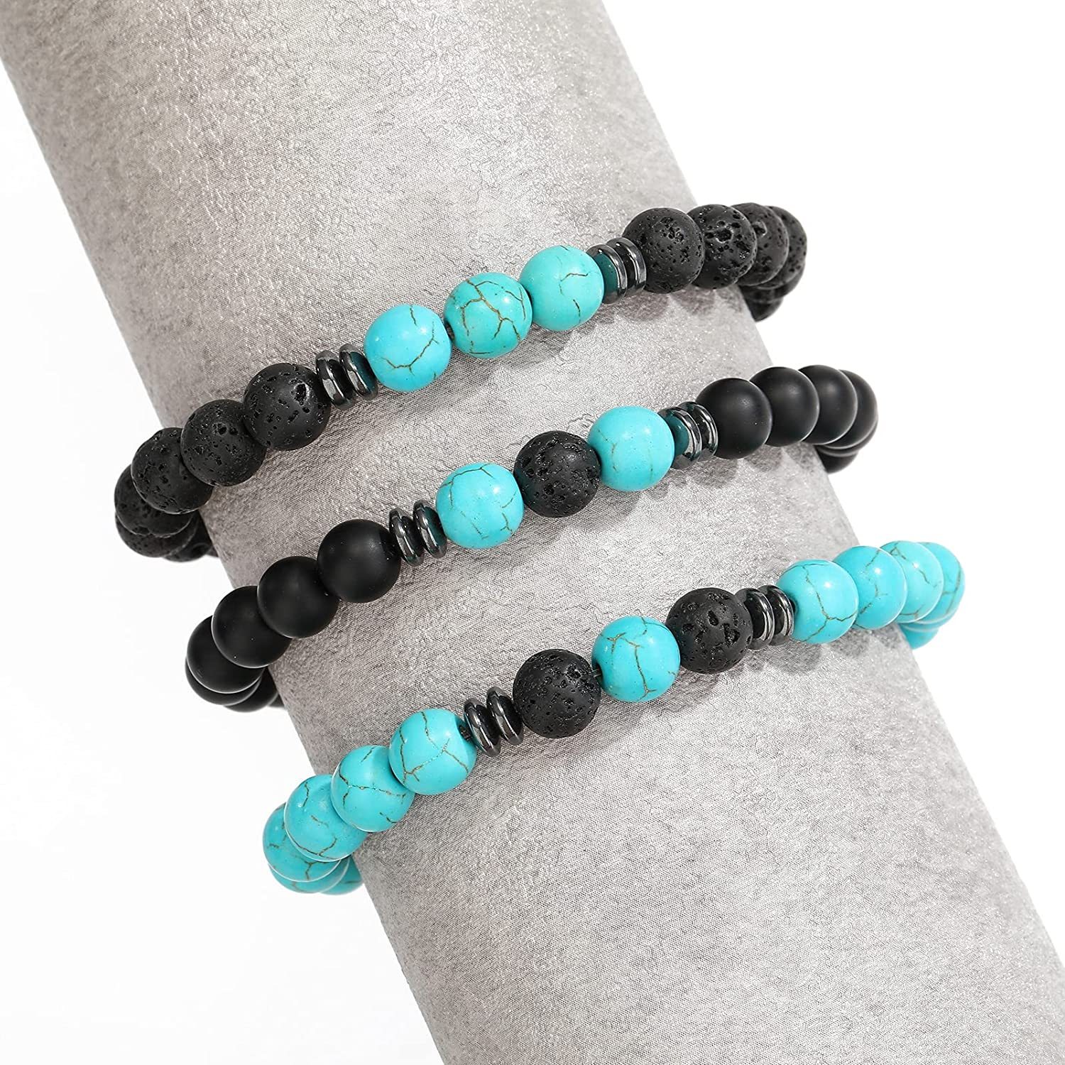 3PCS Set Mens Beaded Bracelets Matte Lava Rock Volcanic Stone Beads for Women Stretch Bracelet