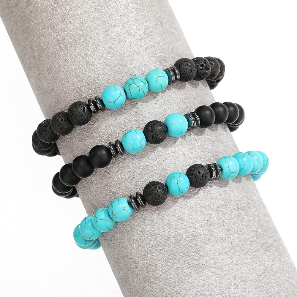 3PCS Set Mens Beaded Bracelets Matte Lava Rock Volcanic Stone Beads for Women Stretch Bracelet