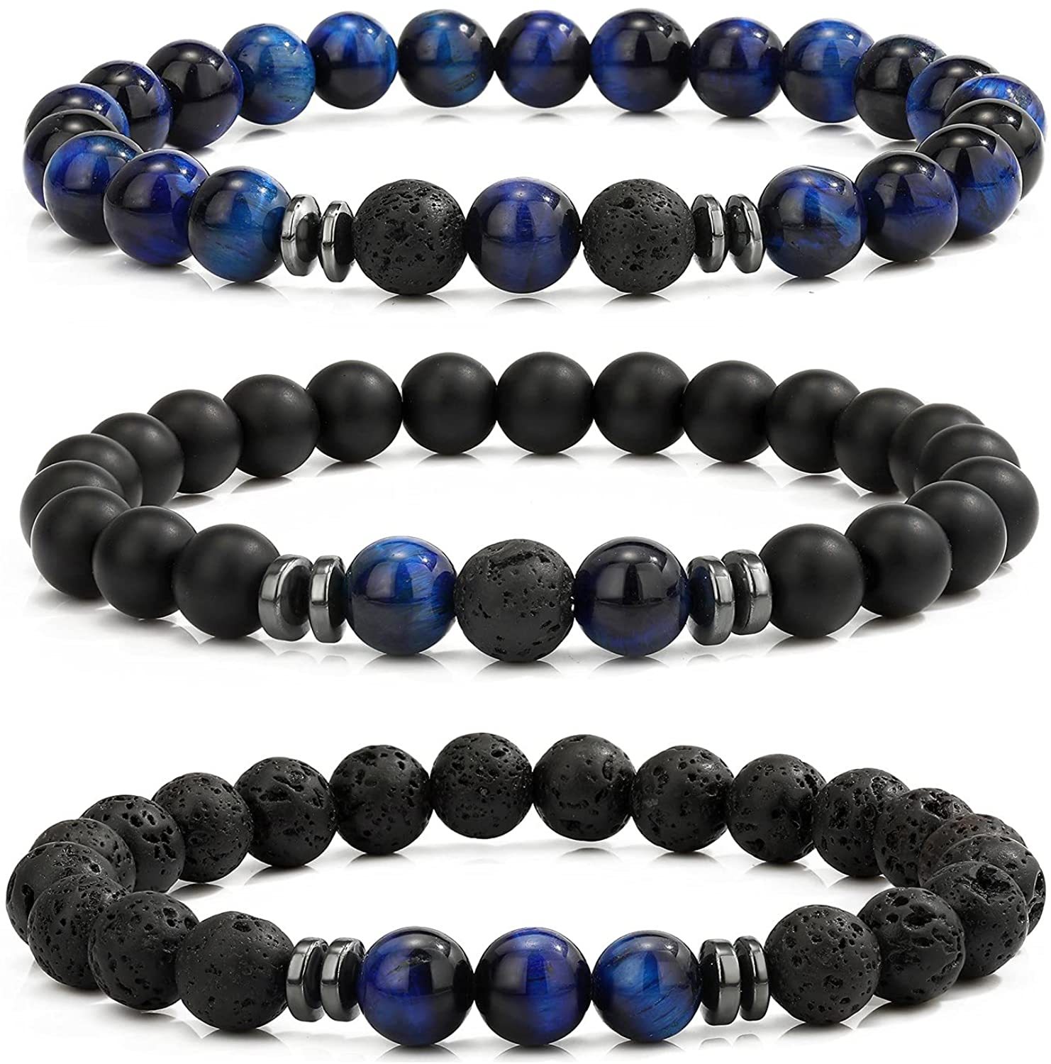 3PCS Set Mens Beaded Bracelets Matte Lava Rock Volcanic Stone Beads for Women Stretch Bracelet