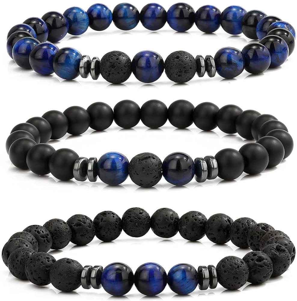3PCS Set Mens Beaded Bracelets Matte Lava Rock Volcanic Stone Beads for Women Stretch Bracelet