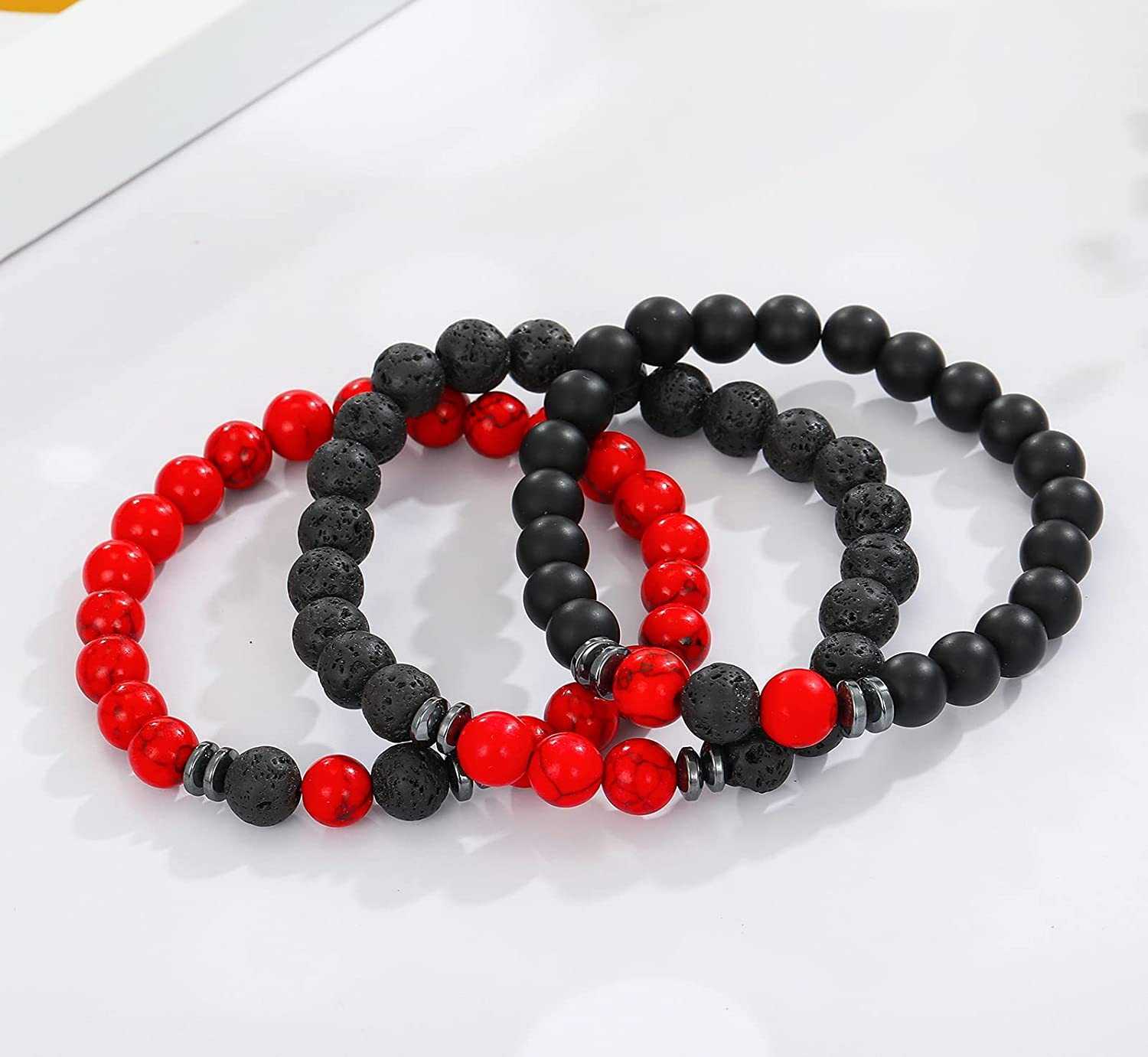 3PCS Set Mens Beaded Bracelets Matte Lava Rock Volcanic Stone Beads for Women Stretch Bracelet