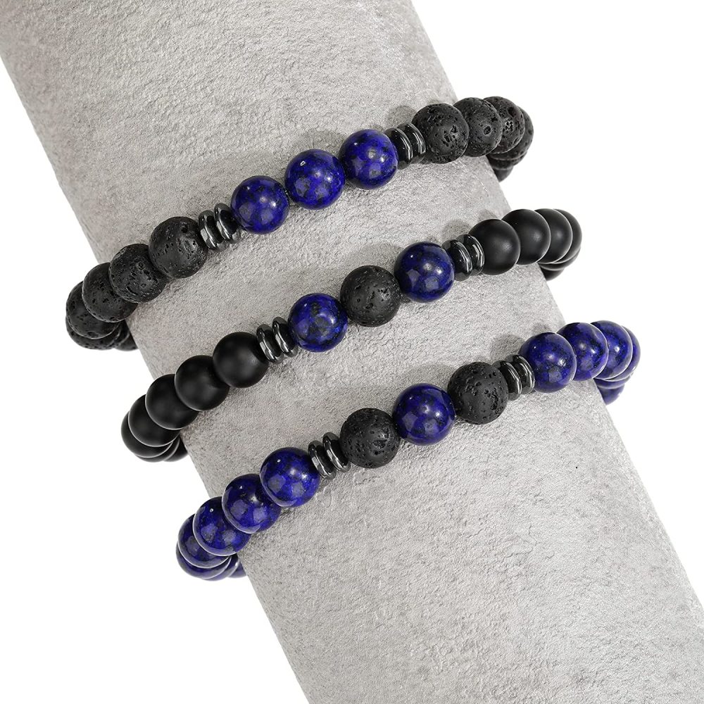 3PCS Set Mens Beaded Bracelets Matte Lava Rock Volcanic Stone Beads for Women Stretch Bracelet