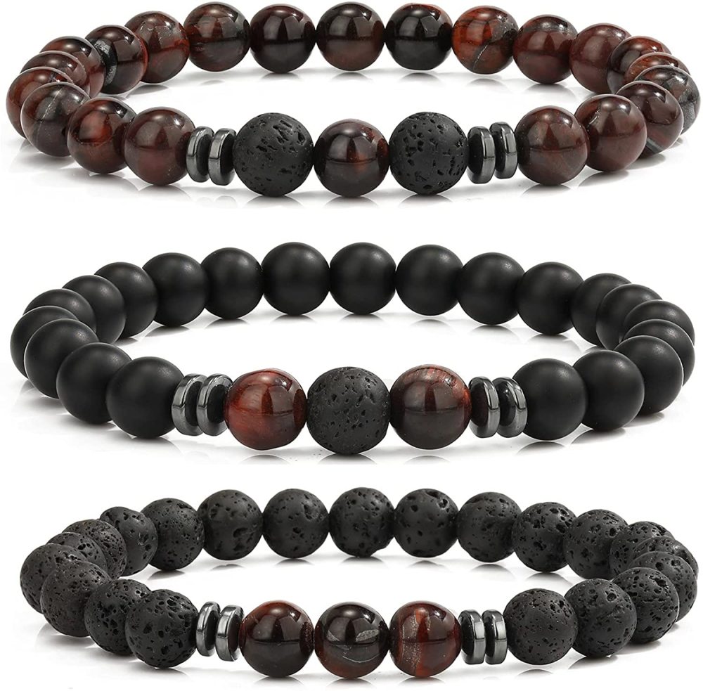 3PCS Set Mens Beaded Bracelets Matte Lava Rock Volcanic Stone Beads for Women Stretch Bracelet