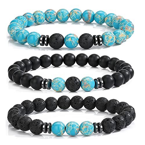 3PCS Set Mens Beaded Bracelets Matte Lava Rock Volcanic Stone Beads for Women Stretch Bracelet