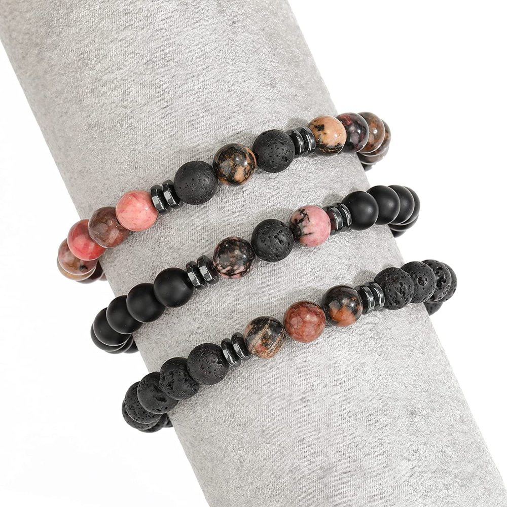 3PCS Set Mens Beaded Bracelets Matte Lava Rock Volcanic Stone Beads for Women Stretch Bracelet