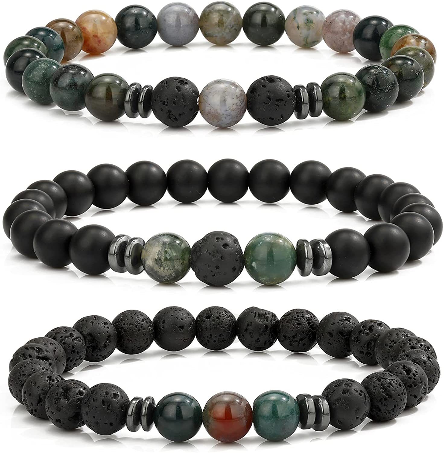 3PCS Set Mens Beaded Bracelets Matte Lava Rock Volcanic Stone Beads for Women Stretch Bracelet