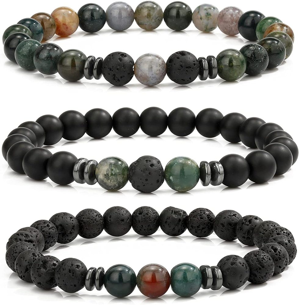 3PCS Set Mens Beaded Bracelets Matte Lava Rock Volcanic Stone Beads for Women Stretch Bracelet