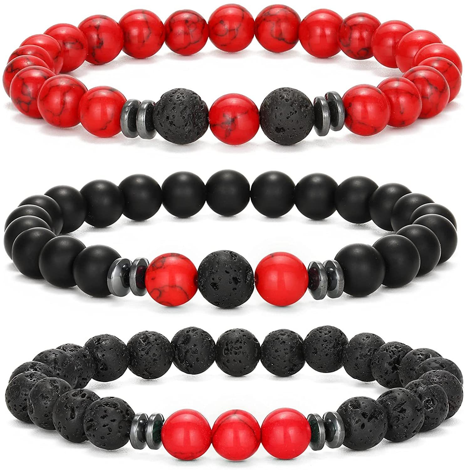 3PCS Set Mens Beaded Bracelets Matte Lava Rock Volcanic Stone Beads for Women Stretch Bracelet