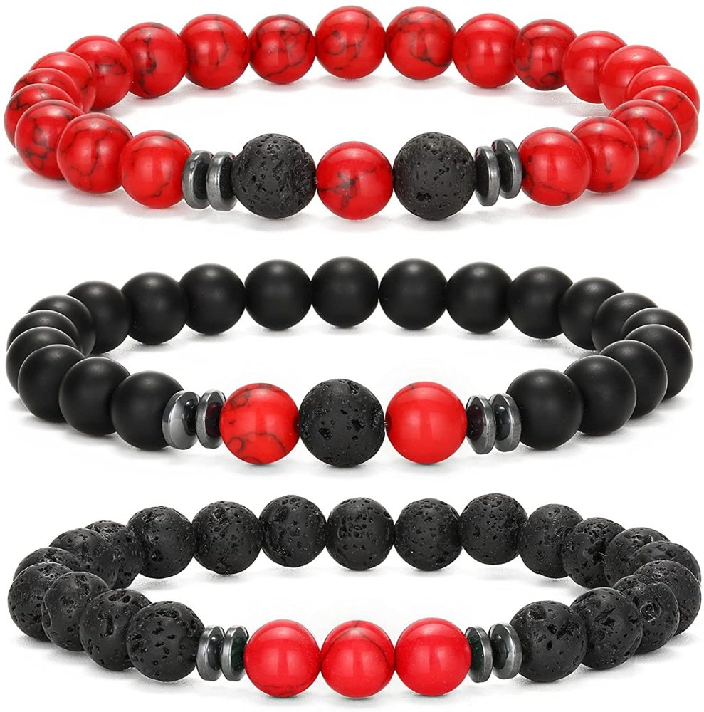3PCS Set Mens Beaded Bracelets Matte Lava Rock Volcanic Stone Beads for Women Stretch Bracelet
