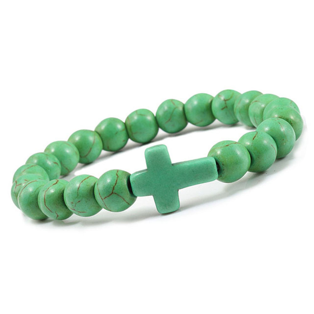 Turquoise Cross Bracelets for Women Men 8mm Natural Stone Stretch Elastic Chakra Jewelry