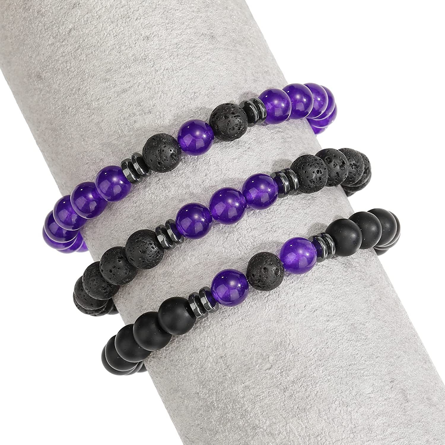3PCS Set Mens Beaded Bracelets Matte Lava Rock Volcanic Stone Beads for Women Stretch Bracelet