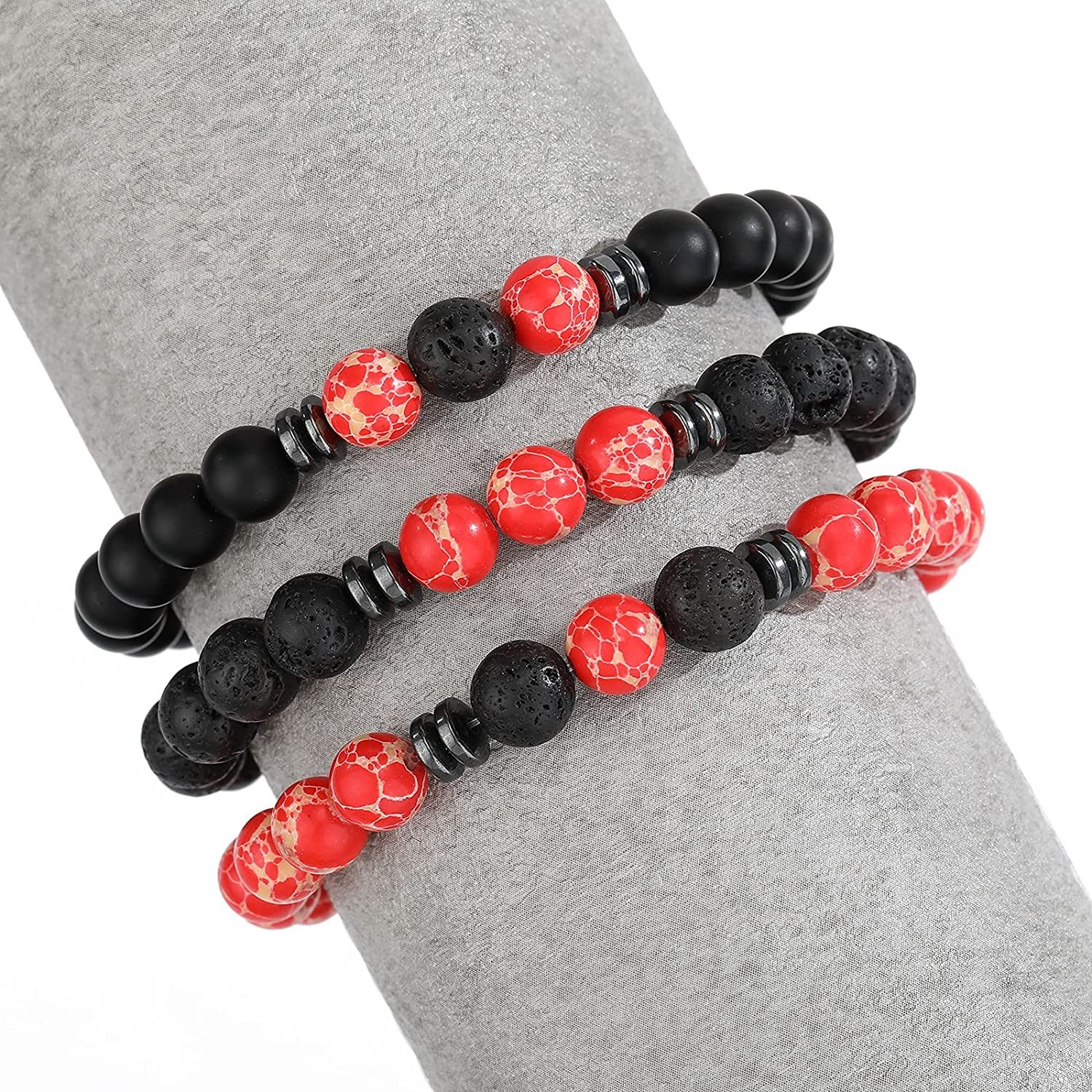 3PCS Set Mens Beaded Bracelets Matte Lava Rock Volcanic Stone Beads for Women Stretch Bracelet