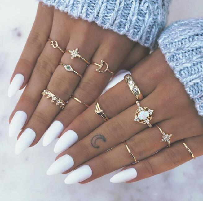 Boho Silver Star Moon Knuckle Ring Set for Women Teen Girls,Vintage Crystal Stackable Midi Finger Rings