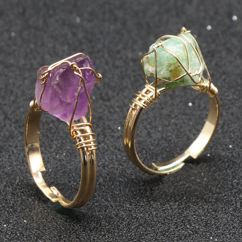 Gold Healing Crystal Solitaire Ring Handmade Retro Vintage Wire Wrapped Raw Irregular Gemstone Adjustalble Mother Birthday Father's Day for Women Girl