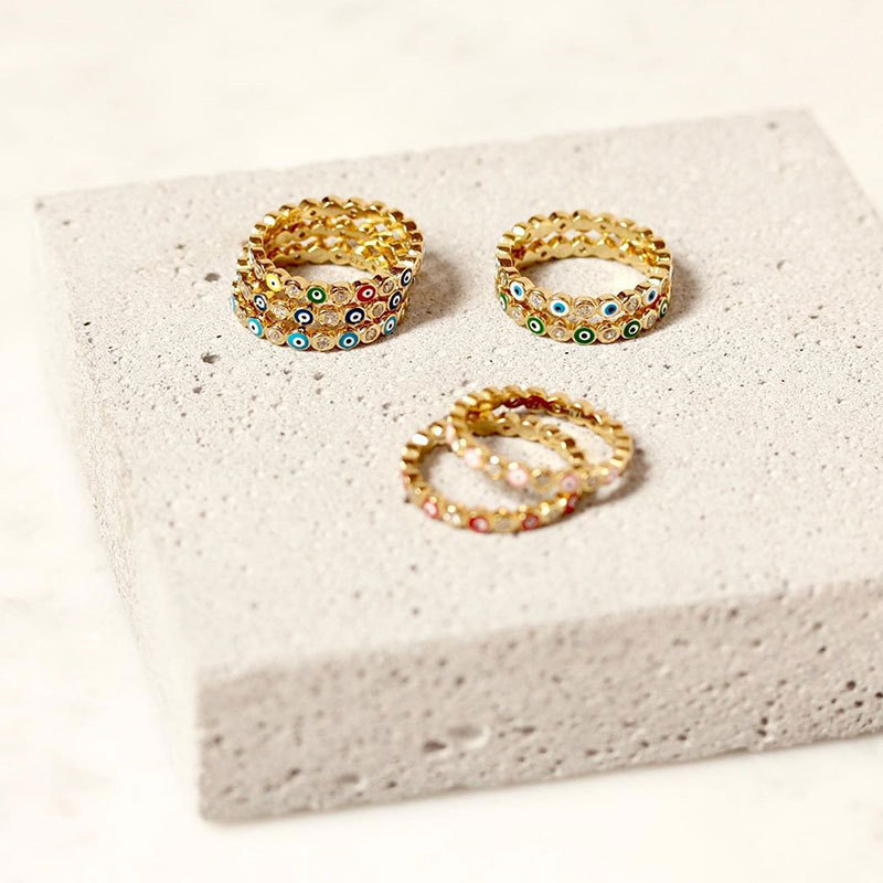 Gold Plated Evil Eye Ring for Women,Evil Eye with Enamel and CZ Brass Open Ring Comfort Fit for Women Girls