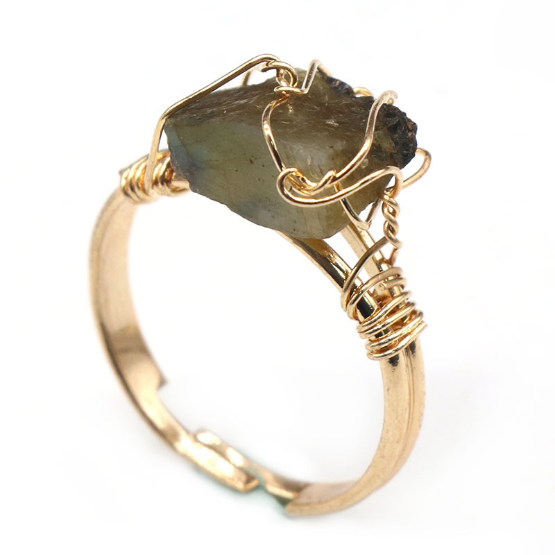 Gold Healing Crystal Solitaire Ring Handmade Retro Vintage Wire Wrapped Raw Irregular Gemstone Adjustalble Mother Birthday Father's Day for Women Girl