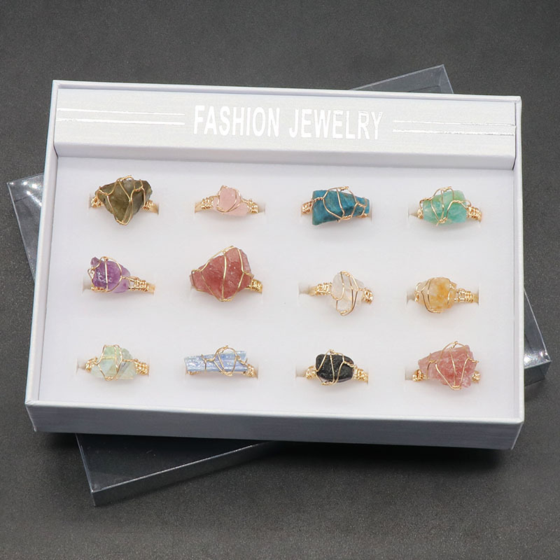 Gold Healing Crystal Solitaire Ring Handmade Retro Vintage Wire Wrapped Raw Irregular Gemstone Adjustalble Mother Birthday Father's Day for Women Girl