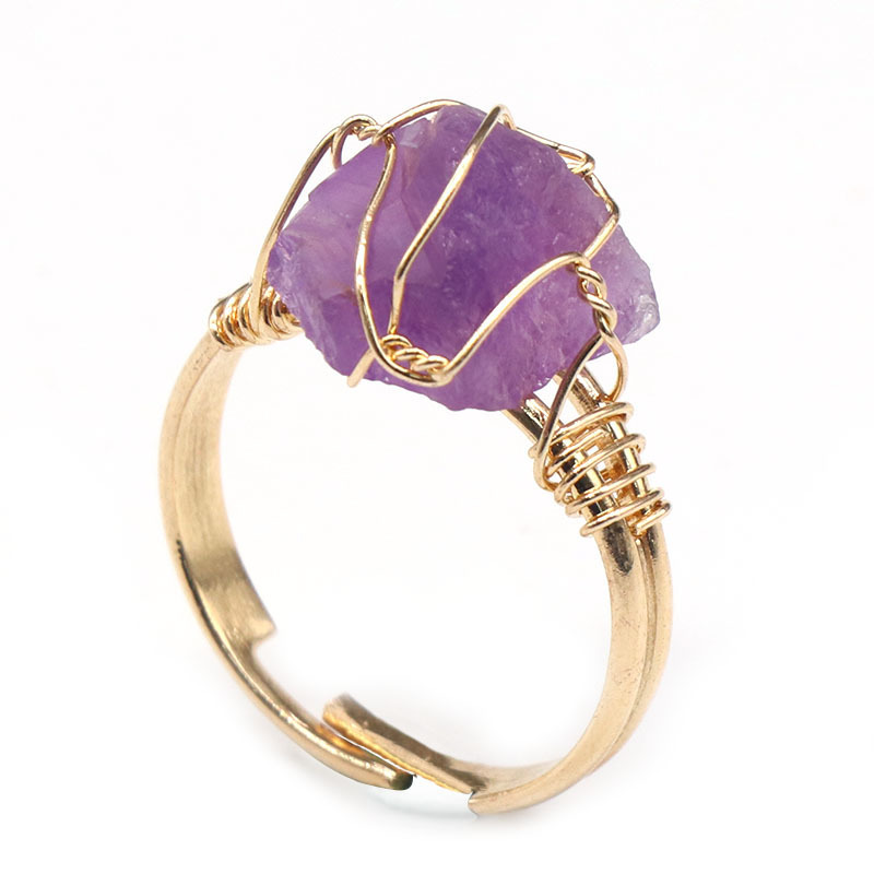 Gold Healing Crystal Solitaire Ring Handmade Retro Vintage Wire Wrapped Raw Irregular Gemstone Adjustalble Mother Birthday Father's Day for Women Girl