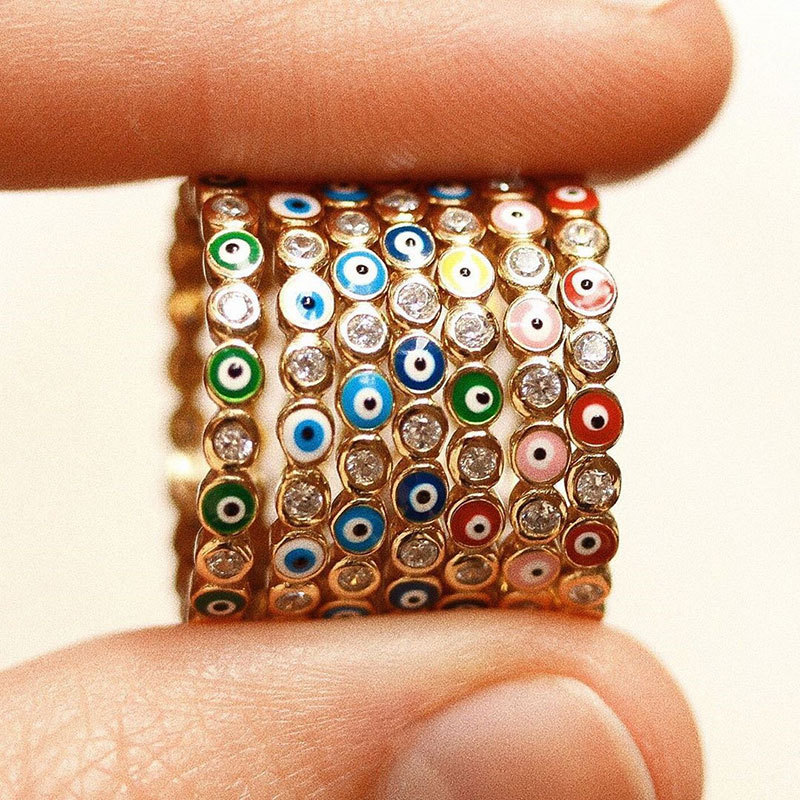 Gold Plated Evil Eye Ring for Women,Evil Eye with Enamel and CZ Brass Open Ring Comfort Fit for Women Girls