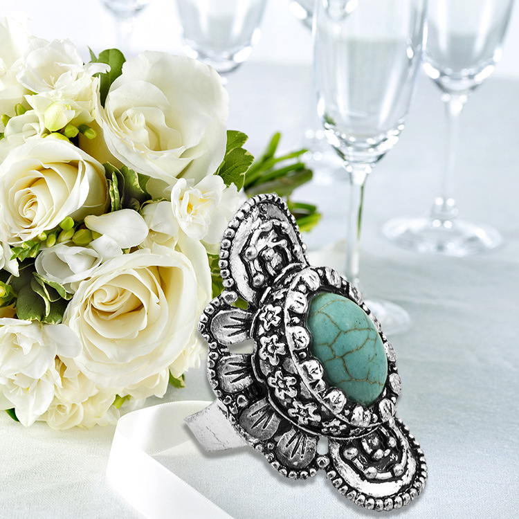 Adjustable Fashion Silver Alloy Turquoise Gemstone Rings for women Men