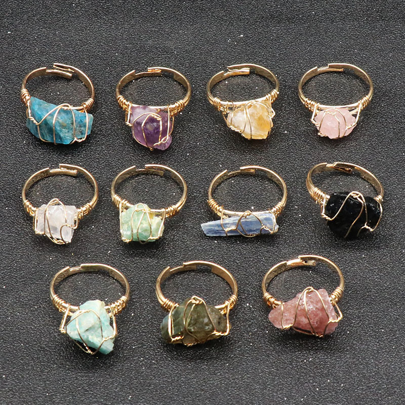 Gold Healing Crystal Solitaire Ring Handmade Retro Vintage Wire Wrapped Raw Irregular Gemstone Adjustalble Mother Birthday Father's Day for Women Girl