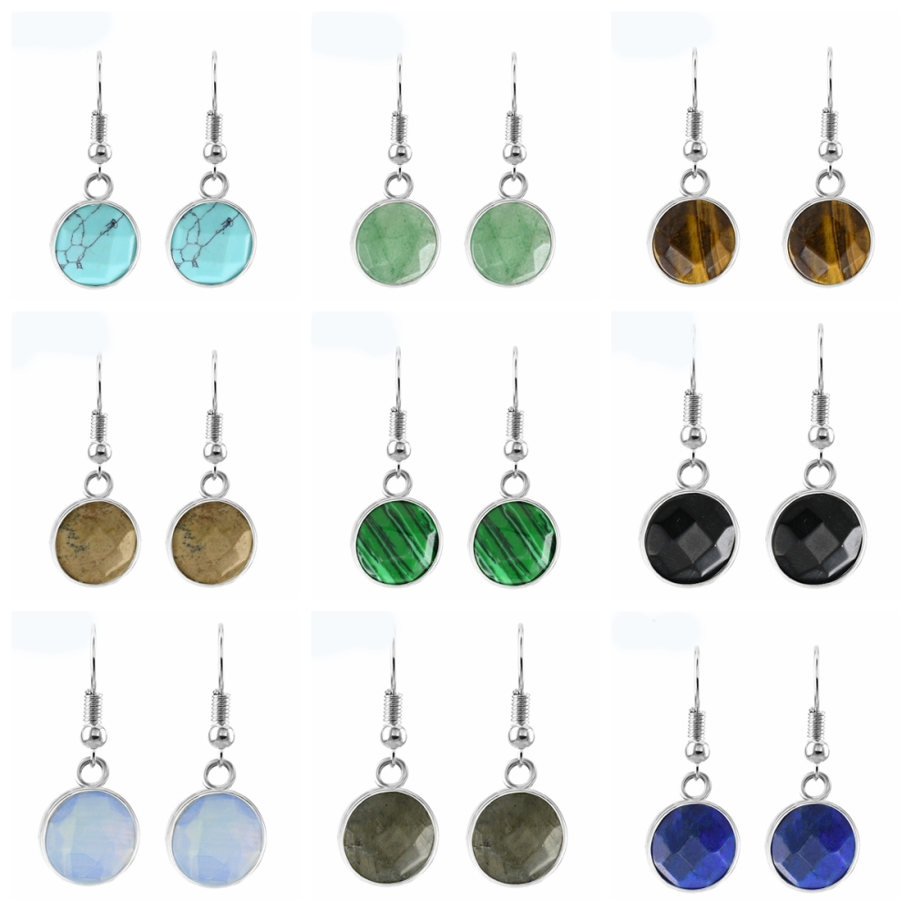 Women Disc Gemstone Earrings Healing Chakra Crystal Spiritual Energy Reiki Balancing Faceted Stone Ear Jewelry