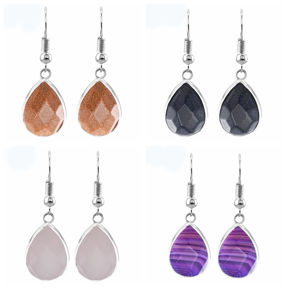Women Waterdrop Gemstone Earrings Healing Chakra Crystal Spiritual Energy Reiki Balancing Faceted Stone Ear Teardrop Jewelry