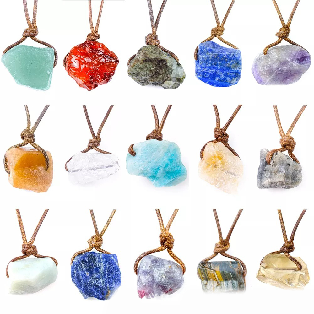 Natural Raw Gemstone Necklace with Adjustable Leather Chain tumbled Rock Crystal Choker for women Men